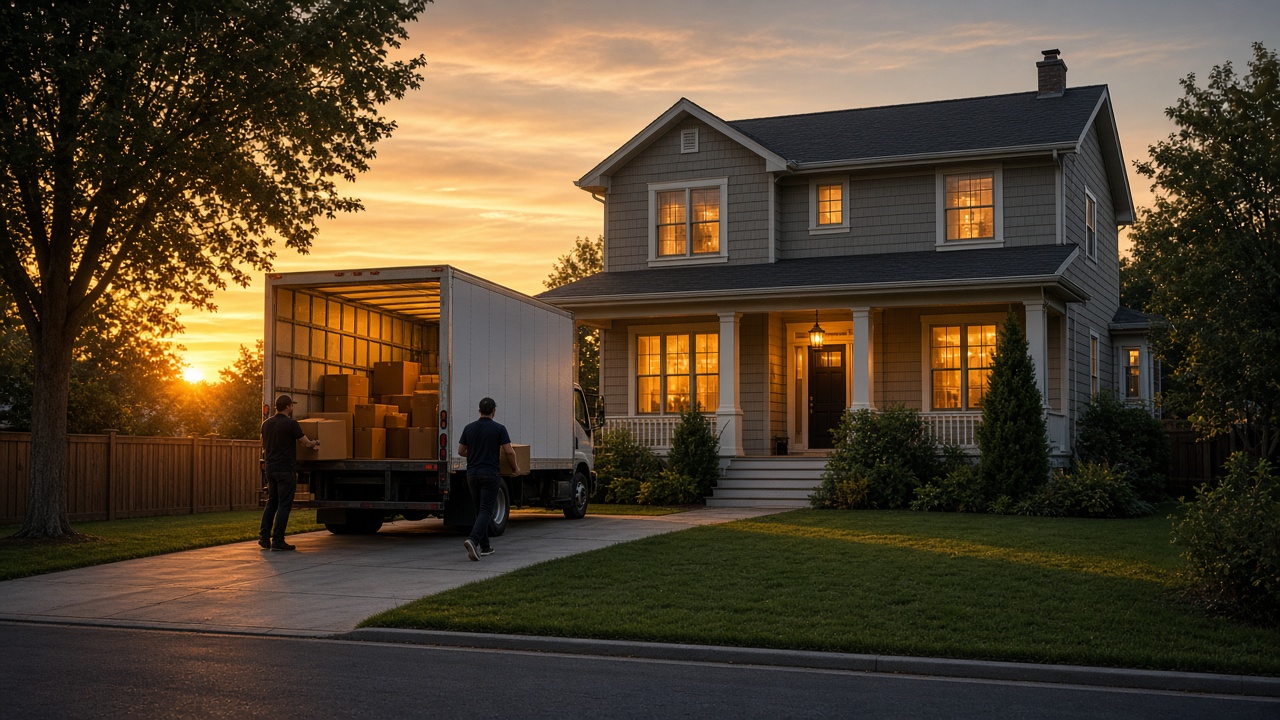 House at golden hour with a moving truck backed up the driveway
